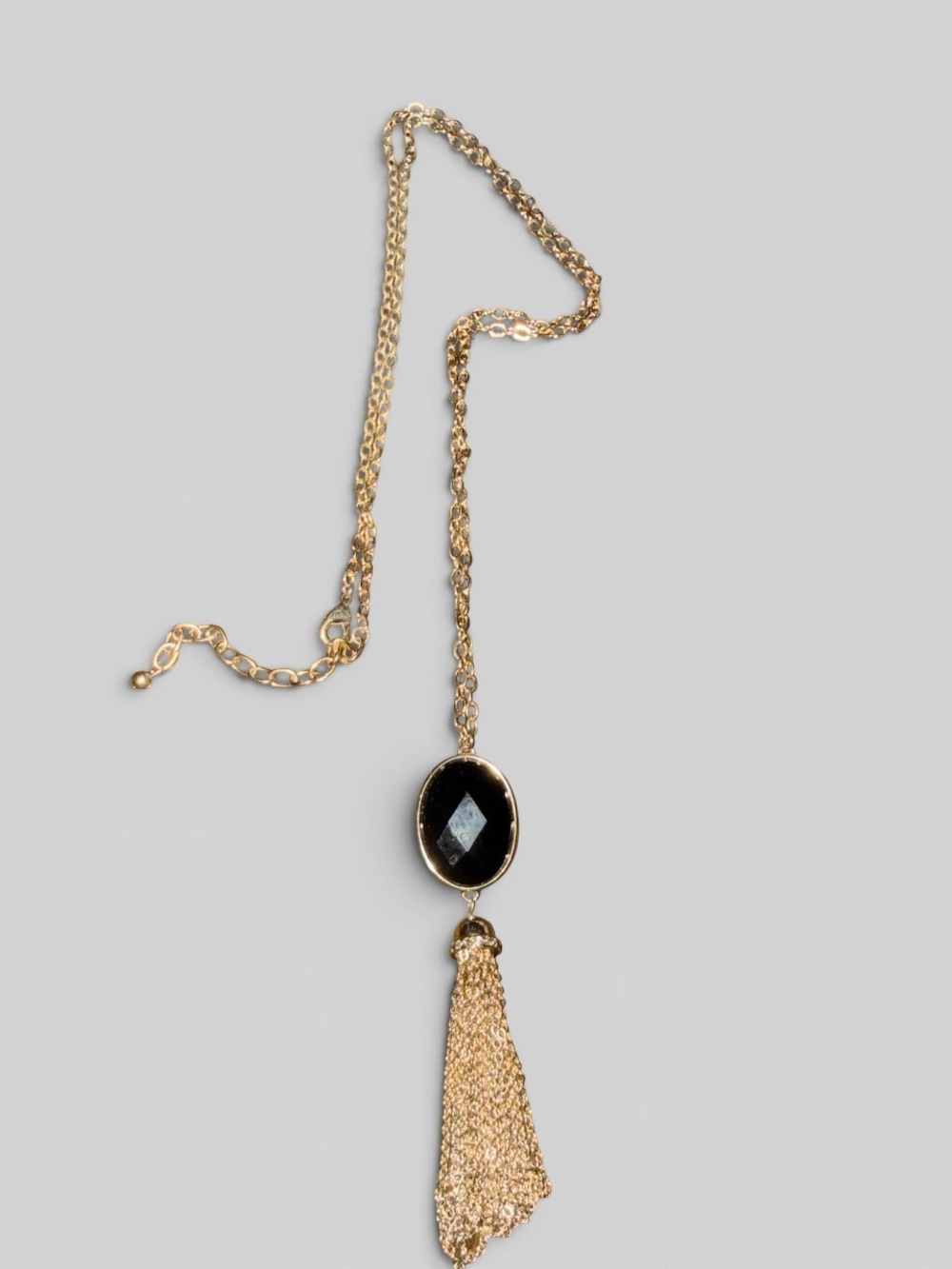 Long Gold Tone Tassel Necklace Black Faceted Pendant 34” Statement Necklace